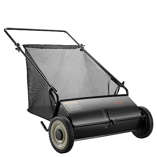 VEVOR Push Lawn Sweeper, 26 Inch Leaf & Grass Collector, Strong Rubber Wheels & Heavy Duty Thickened Steel Durable to Use with Large Capacity 7 ft³ Mesh Collection Bag, 4 Spinning Brushes | Amazon (US)
