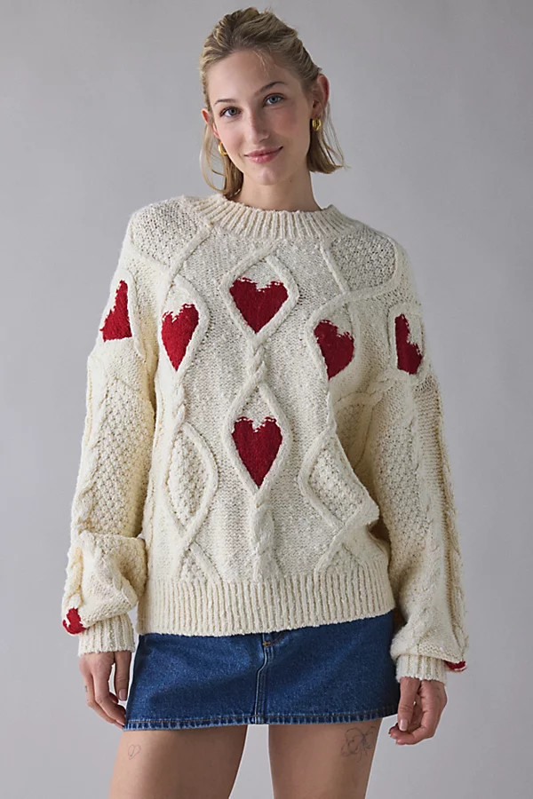 Urban Outfitters UO Alexa Heart Cable Knit Mockneck Sweater in Love Hearts, Women's at Urban Outfitters | Urban Outfitters (US and RoW)