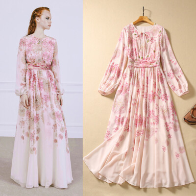 womens Sweet floral printing slimming dress crew neck long new chiffon dress | eBay | eBay US