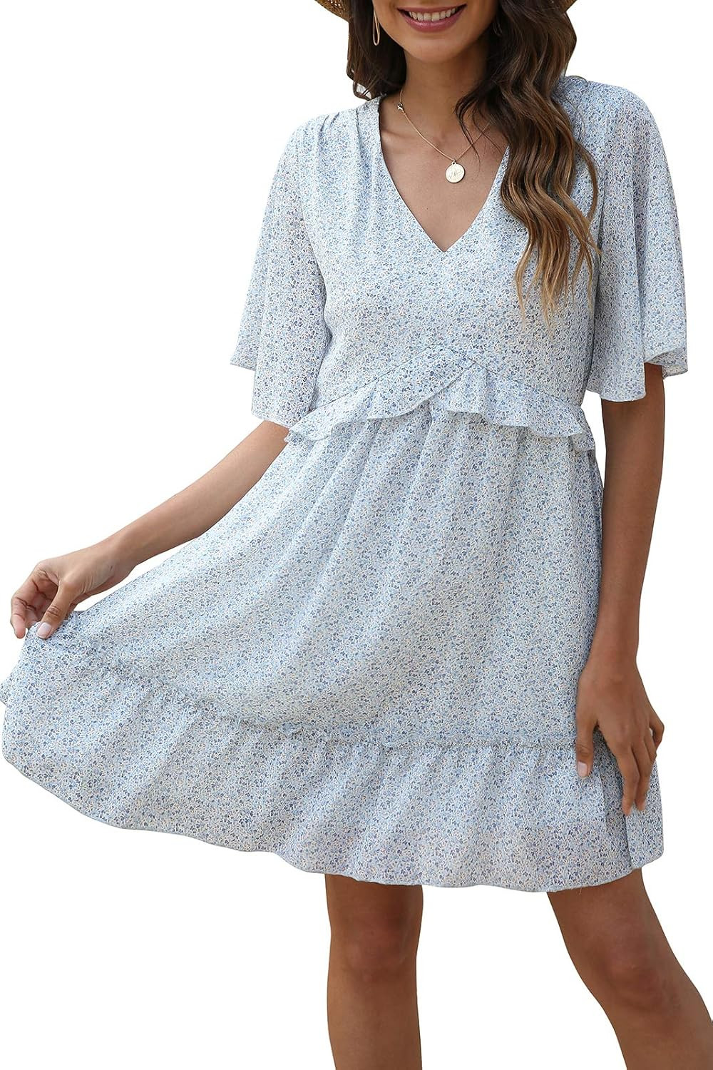 Manydress Women’s Summer Floral Print V Neck Casual Mini Boho Ruffle Swing Dress MY068 | Amazon (US)