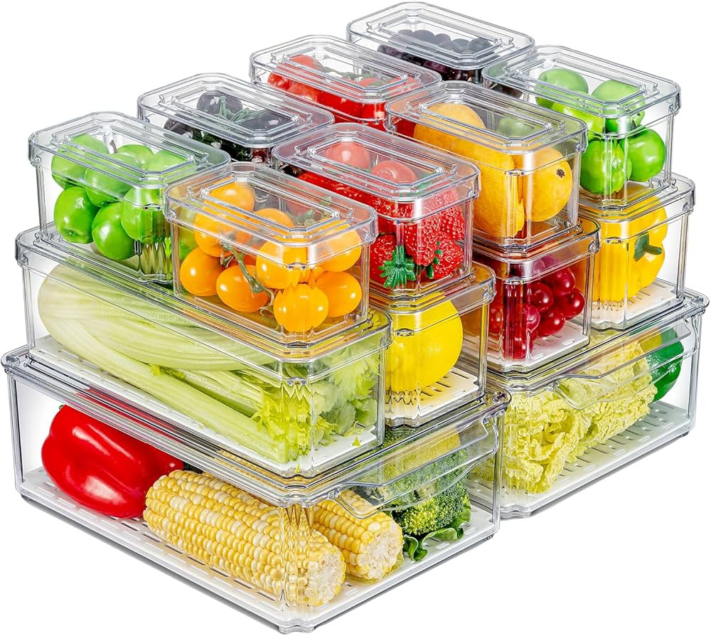 14 Pack Fridge Organizer, Stackable Refrigerator Organizer Bins with Lids, BPA-Free Produce Fruit... | Amazon (US)