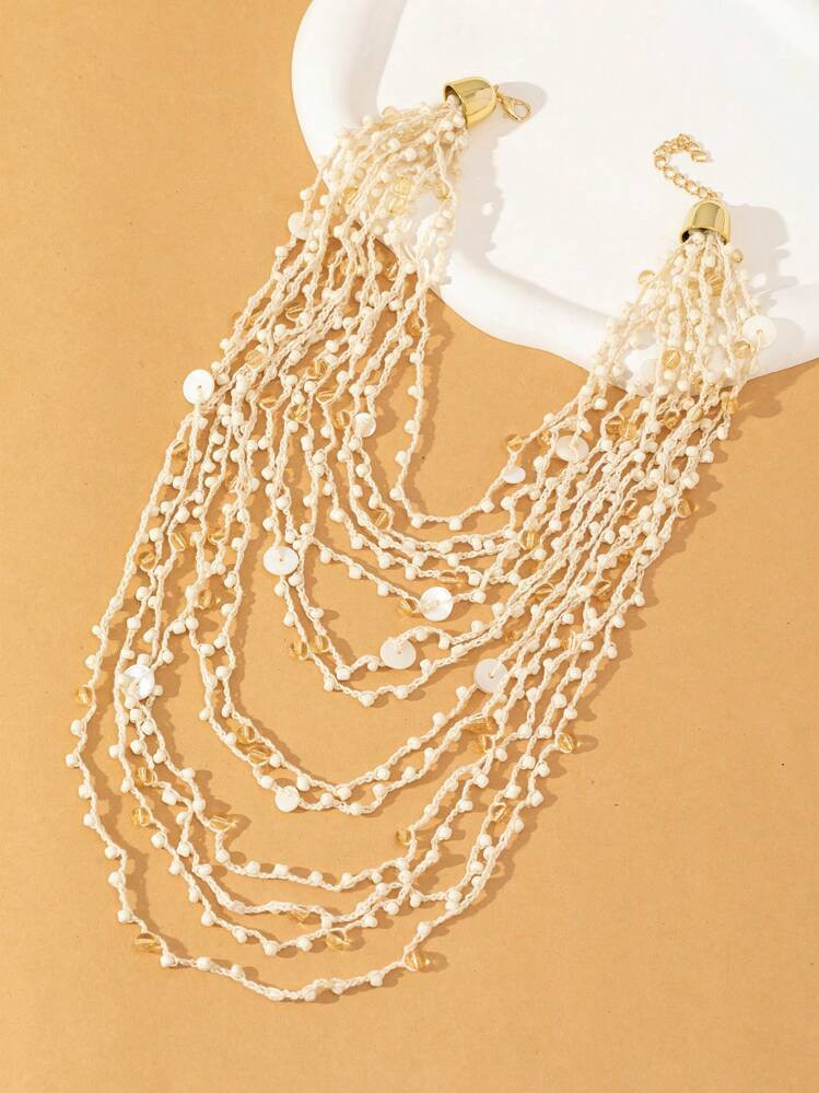 1pc Fashionable Handmade Crocheted Multi-Strand Knotted Red Necklace, For Holidays & Daily Wear | SHEIN