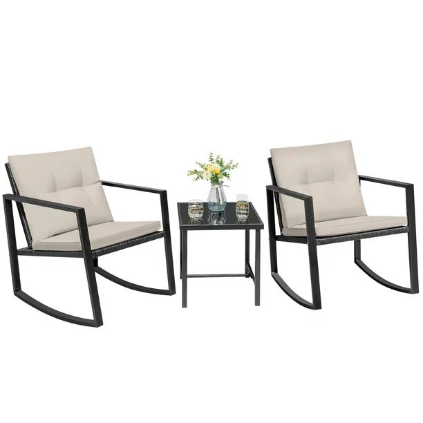 Devoko 3 Pieces Patio Furniture Sets Outdoor PE Rattan Bistro Rocker Conversation Sets with Glass... | Walmart (US)