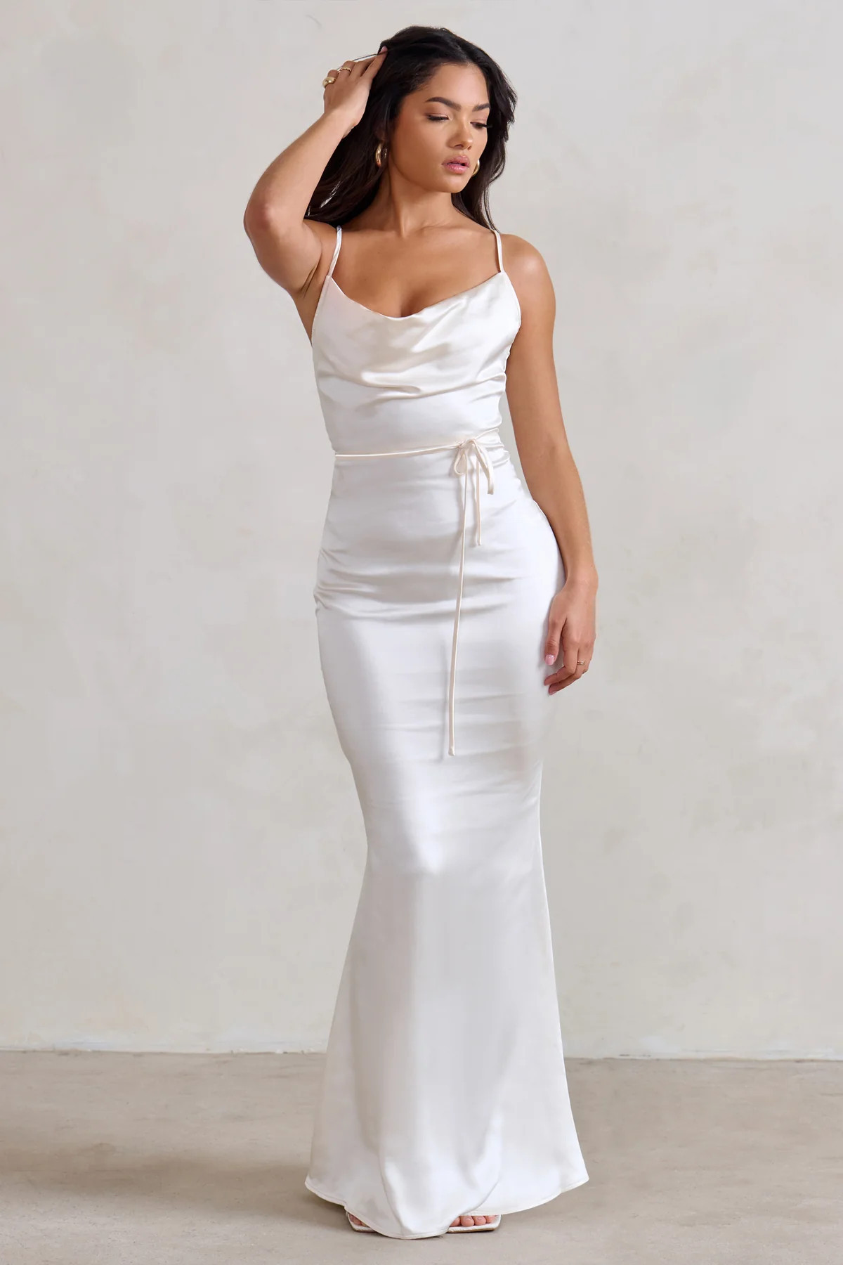 Lifetime | Ivory Satin Cowl Neck Maxi Dress With Cross Back Detail | Club L London