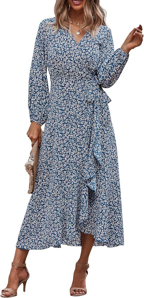 PRETTYGARDEN Women's Long Sleeve Vintage Wrap Dress Floral Print V-Neck Maxi Dresses with Belt | Amazon (US)