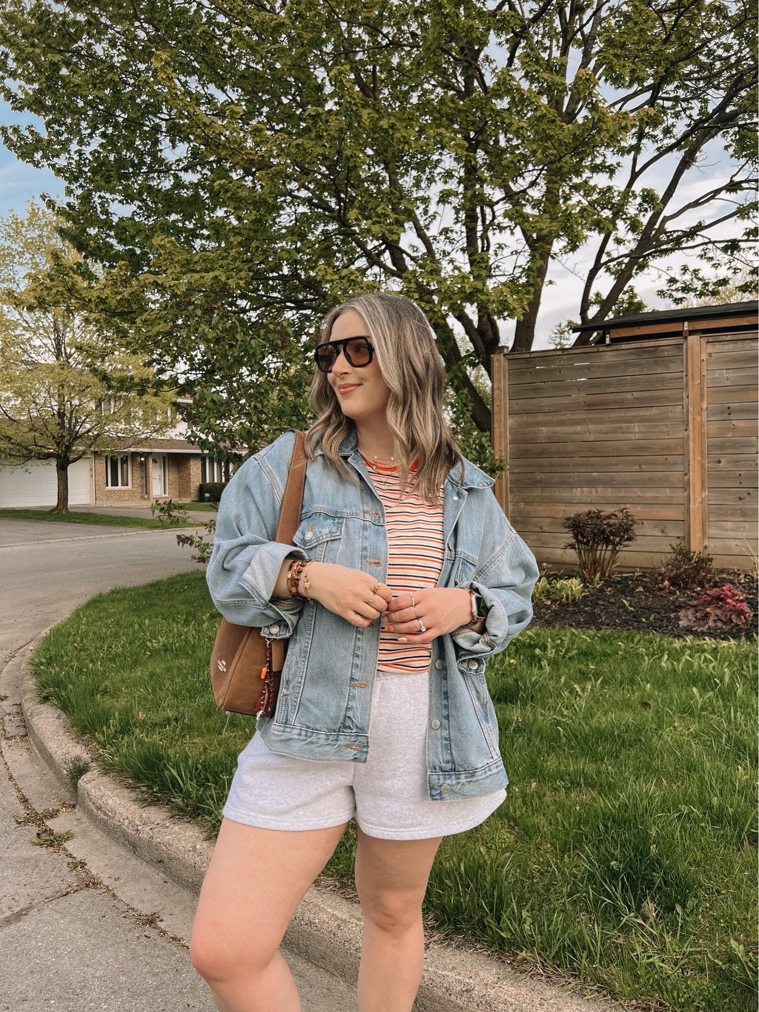 OOTD for a walk! Wearing my usual L in the sweatshorts. Sized up to XL in the striped tee cause I have a larger chest. Also sized up to XL in the denim jacket for an oversized fit. New Balance sneakers are super comfy but run big, I’m a 9.5-10 and wear a 9.

#LTKsummer #LTKmidsize #LTKsale