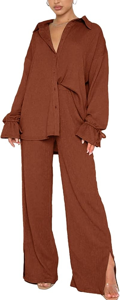 LYANER Women's 2 Piece Outfits Button Down Long Sleeve Shirt and Wide Leg Pants Set | Amazon (US)