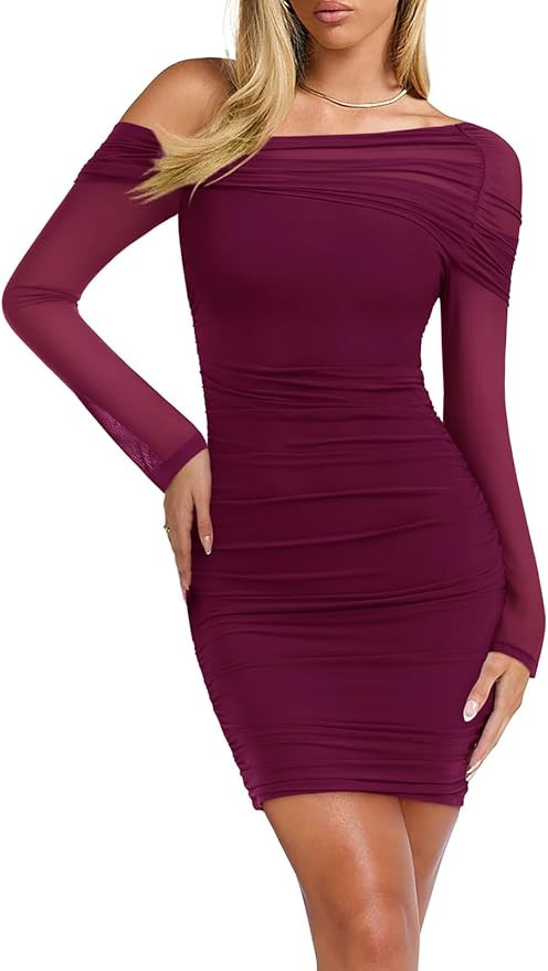 REORIA Women's Sexy Off Shoulder Long Sleeve Ruched Bodycon Mini Dress Mesh Sheer Cocktail Club P... | Amazon (US)