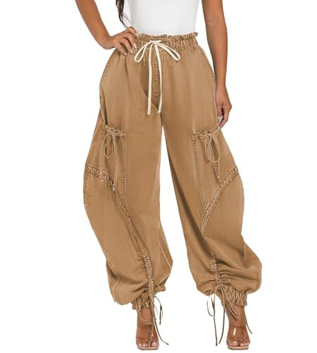 Voghtic Women's Baggy Y2K Elastic Waisted Jeans Bow-Knot Drawstring Pull-On Cargo Denim Pants Harem Pants Streetwear Khaki | Amazon (US)