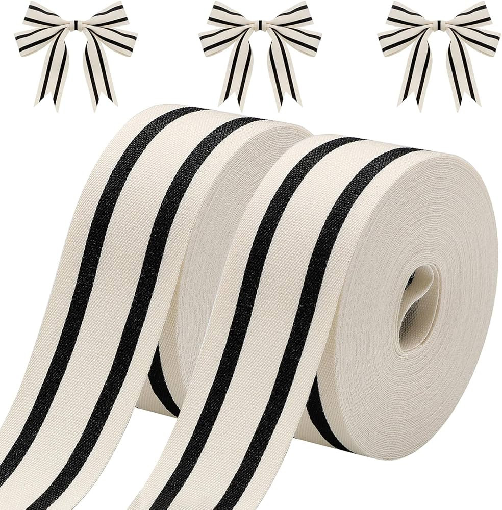 2 Rolls Natural Cotton Stripes Ribbon Striped Grosgrain Ribbon Striped Cotton Fabric Ribbon Grosg... | Amazon (US)