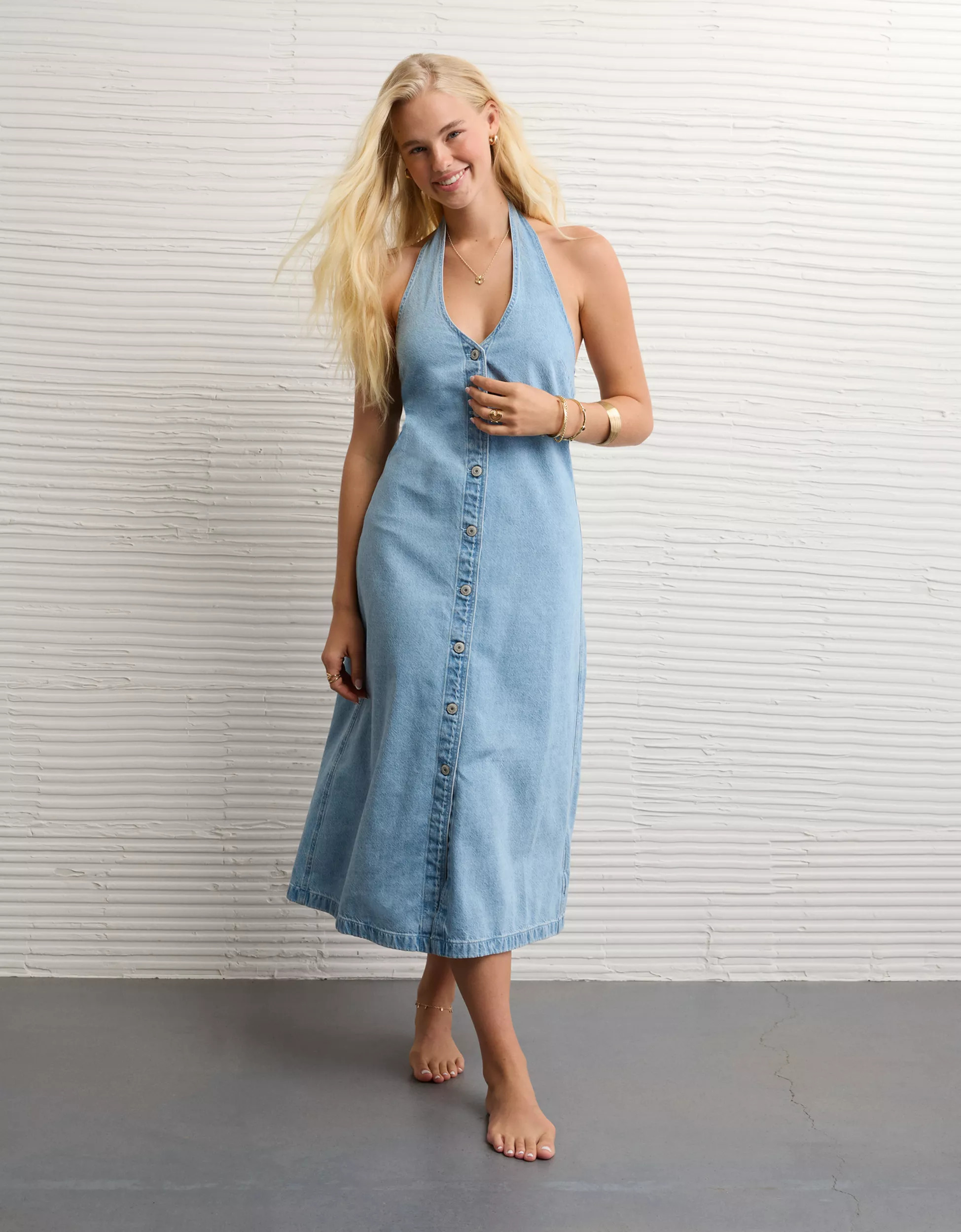 AE Halter Denim Midi Dress | American Eagle Outfitters (US & CA)