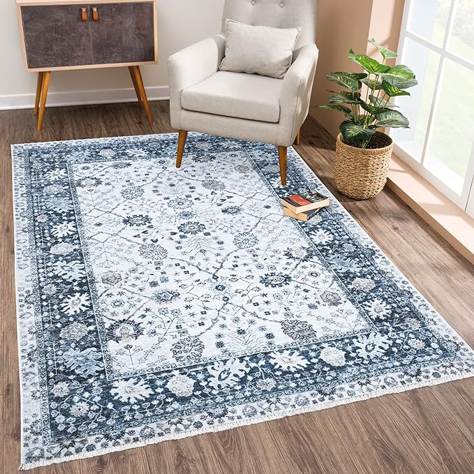 Bloom Rugs Caria Washable Non-Slip 9x12 Rug - Navy Blue Traditional Bordered Area Rug for Living ... | Amazon (US)