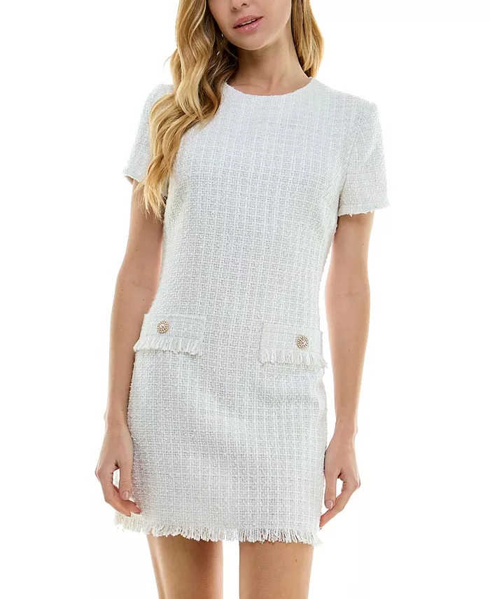City Studios Juniors' Bouclé Round-Neck Shift Dress - Macy's | Macy's