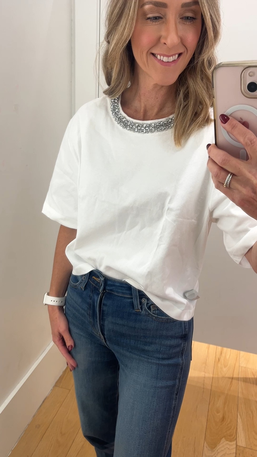 Jeweled neck T-shirt. Wearing a Small here but needed a XS. Perfect with jeans for a casual holiday outfit. 

#LTKOver40 #LTKHoliday #LTKSeasonal