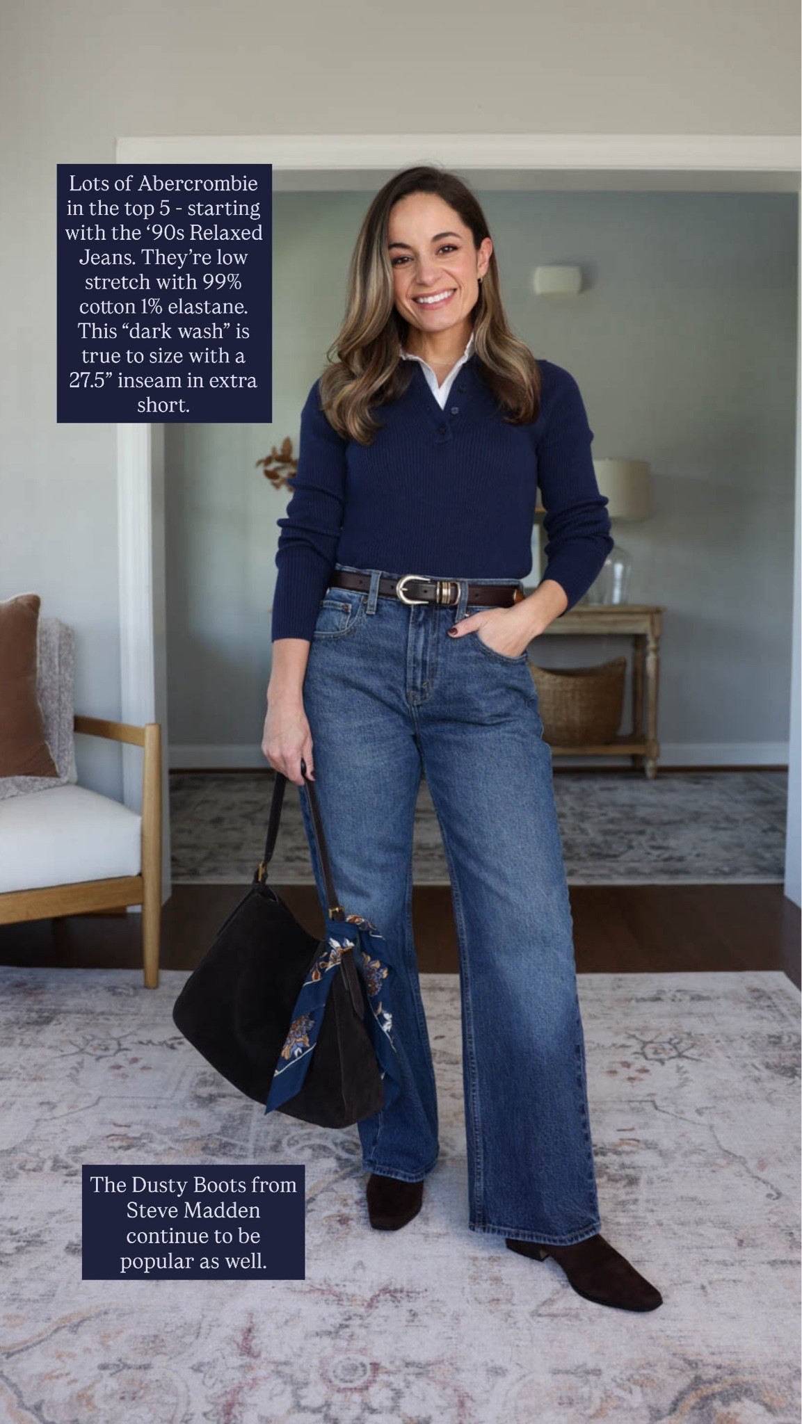 The top five of the week: 90s Relaxed Jeans from Abercrombie 

Use code AFLTK for 20% off

The ‘90s Relaxed Jeans in 25 extra short / 10.5” rise (taken from size 25) / 27.5” inseam / 99% cotton / 1% Elastane - in dark wash. I usually size up in these jeans but this particular wash runs larger so I recommend going try to size instead. I’m wearing dark wash - the last option on the second row 

White top (J.Crew Factory): xxs 
Navy top (Abercrombie): xxs - sold out in navy, linked it in a black and white striped option
Belt (Madewell) 
Boots (Steve Madden): size up 1/2 size for thick socks otherwise true to size 

For size comparison, I’m 4’10” 105lbs. My measurements are 32”, 24”, 36”. I typically wear petite xxs/00/24 and have a 25” ankle inseam and a 27.5-28” full length inseam.

#LTKPetite