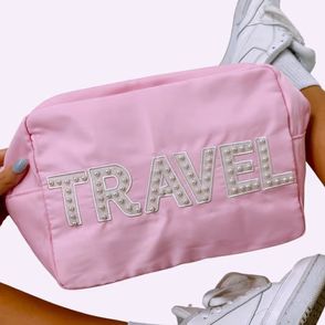 Travel XL Makeup Bag - Pink Beaded | KenzKustomz