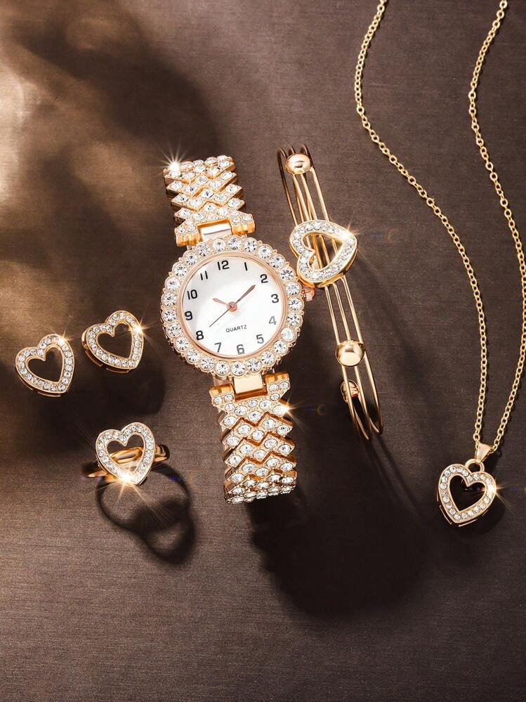 Diamond Decoration Casual Quartz Watch And Jewelry Set For Girls, 6pcs | SHEIN