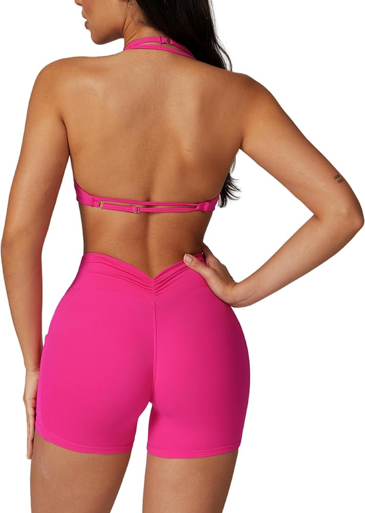 ABOCIW Womens Workout Sets Halter Neck Sports Bra V Back Scrunch High Waist Biker Shorts with Poc... | Amazon (US)