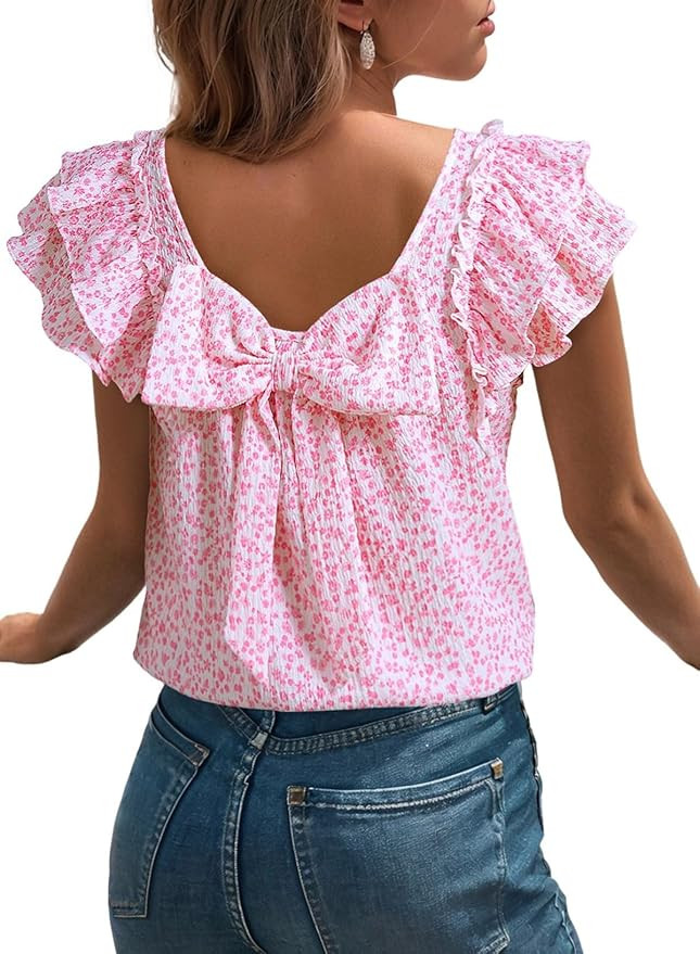 Dokotoo Womens Tops Casual Square Neck Bow Tie Back Blouse Ruffle Butterfly Sleeve Babydoll Textu... | Amazon (US)