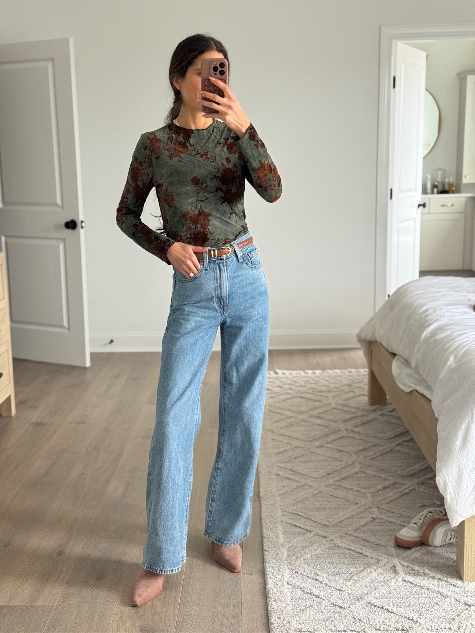 Fitted long sleeve top with a soft mesh feel and subtle floral pattern that’s easy to dress up or down. Lightweight and comfortable with just enough stretch, perfect for layering or wearing on its own. Styled with classic denim and a simple belt for an effortless everyday look that works for casual outings, errands, or a relaxed dinner.

Casual outfit, everyday outfit, floral top, fitted long sleeve top, mesh long sleeve, lightweight layering top, classic denim outfit, neutral accessories, fall outfit, casual chic style, affordable fashion, wardrobe staple

#LTKFindsUnder50 #LTKSeasonal #LTKootd