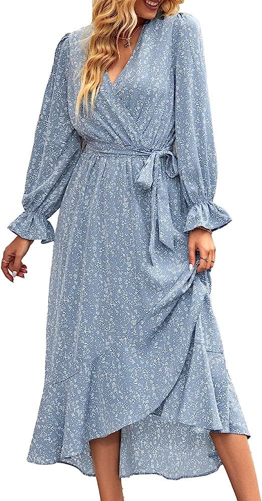 BTFBM Women Long Sleeve Wrap Maxi Dress V Neck Boho Floral High Waist Flowy Ruffle 2024 Spring Su... | Amazon (US)