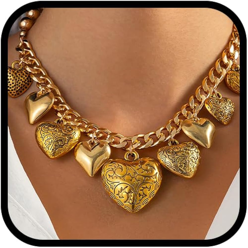 Chunky Gold Puffy Heart Charm Necklace Silver Vintage Statement Big Hearts Charms Pendant Cuban L... | Amazon (US)