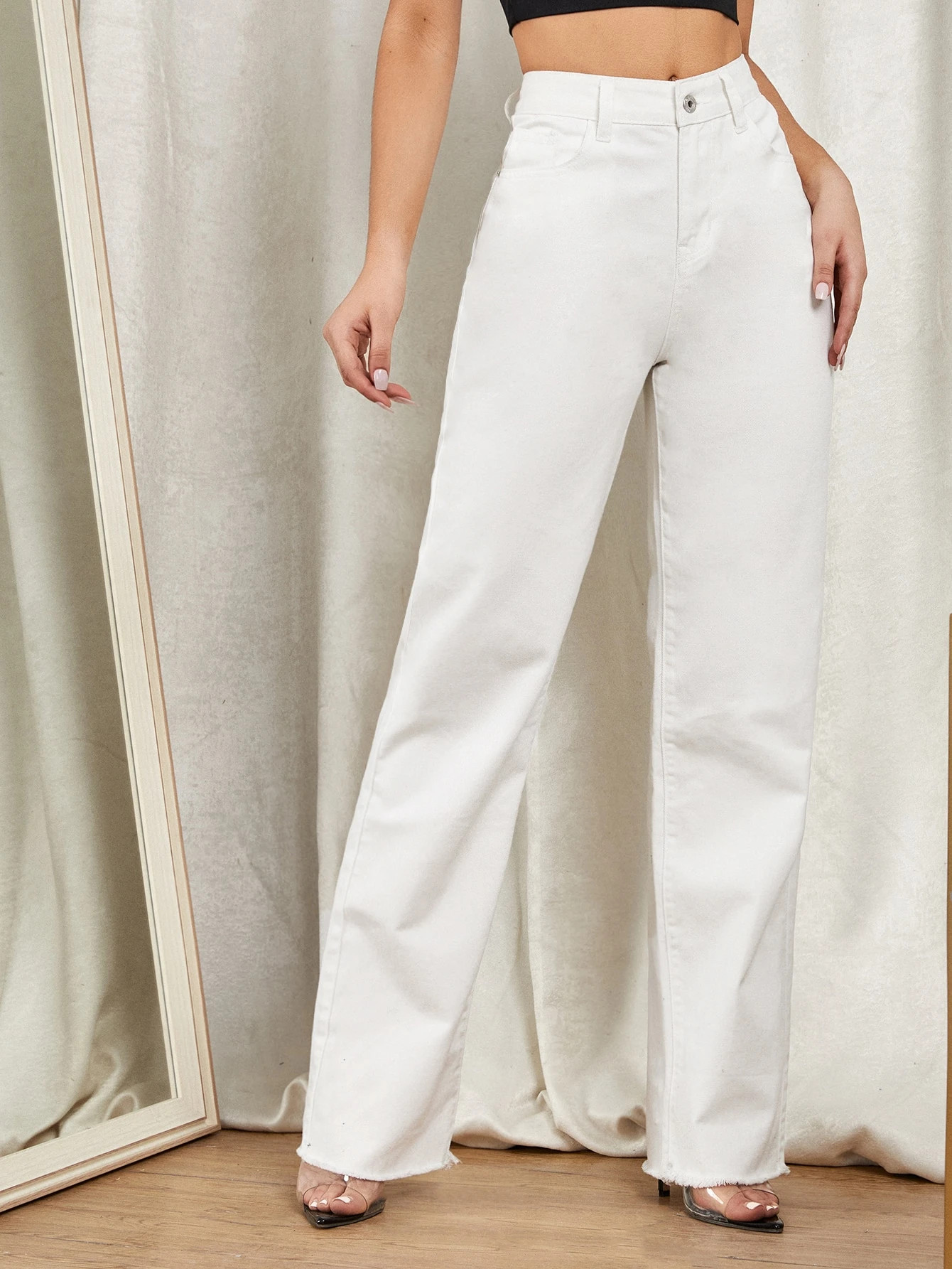 High Waist Raw Hem Straight Leg Jeans | SHEIN