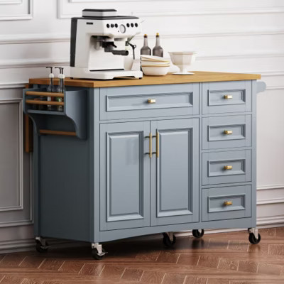 52" Blue Embossed Texture Kitchen Island with Drop Leaf, Kitchen Storage Cart with Adjustable Shelf for Kitchen Dining Room | Target