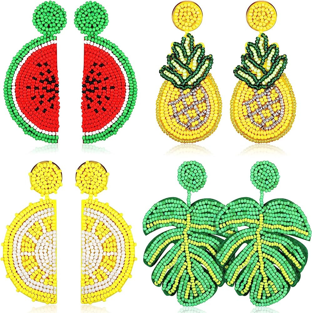 4 Pairs Fruit Beaded Earrings Summer Sports Shapes Bohemian Statement Dangle Earrings for Women G... | Amazon (US)