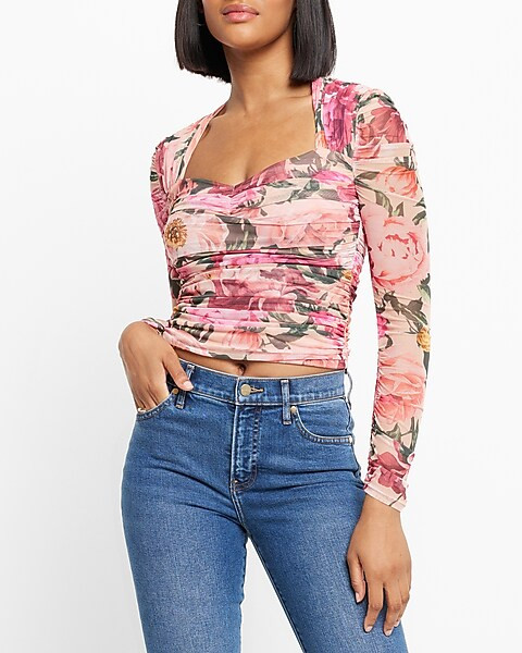 Body Contour Floral Mesh Cropped Top With Removeable Cups | Express