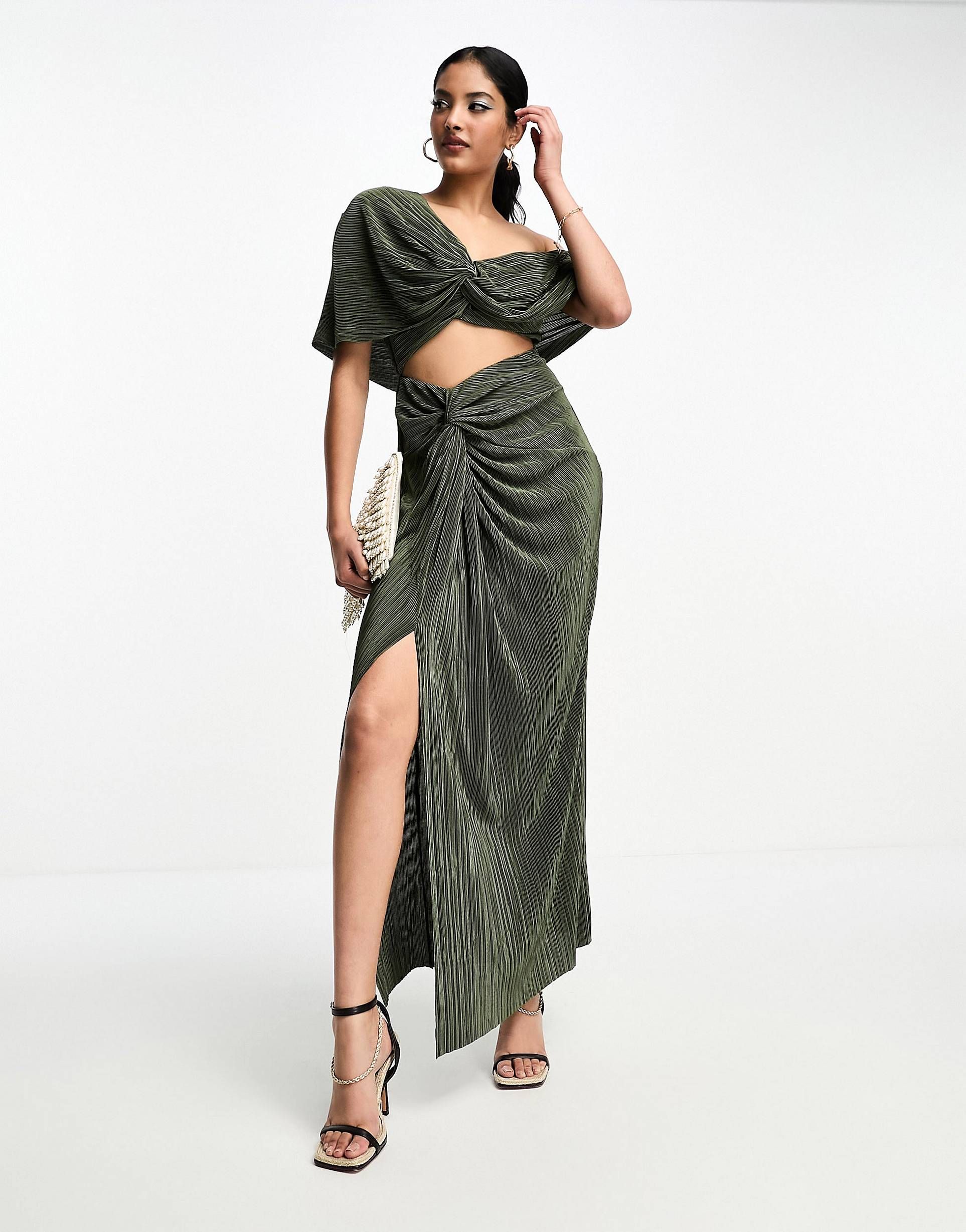 ASOS DESIGN two in one fallen shoulder plisse maxi dress in khaki | ASOS (Global)