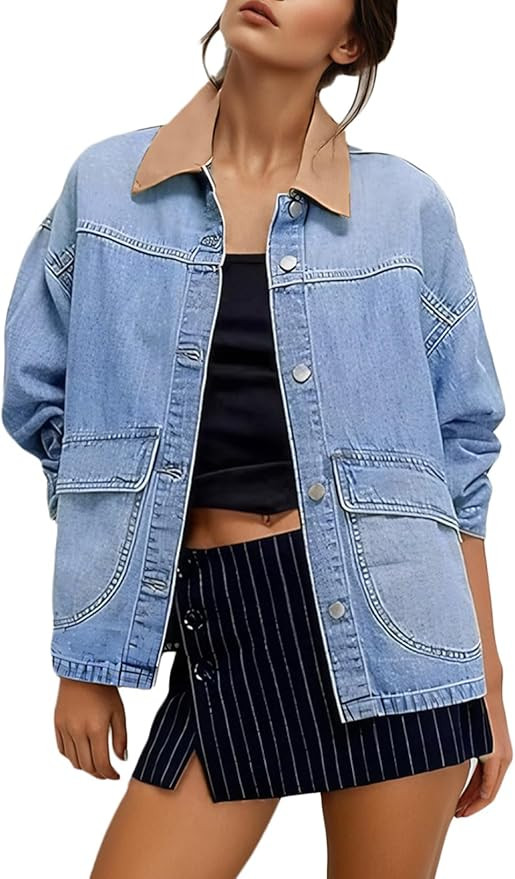 EVALESS Jean Jacket Women Trendy Color Block Denim Jacket Oversized Long Sleeve Button Down Barn ... | Amazon (US)