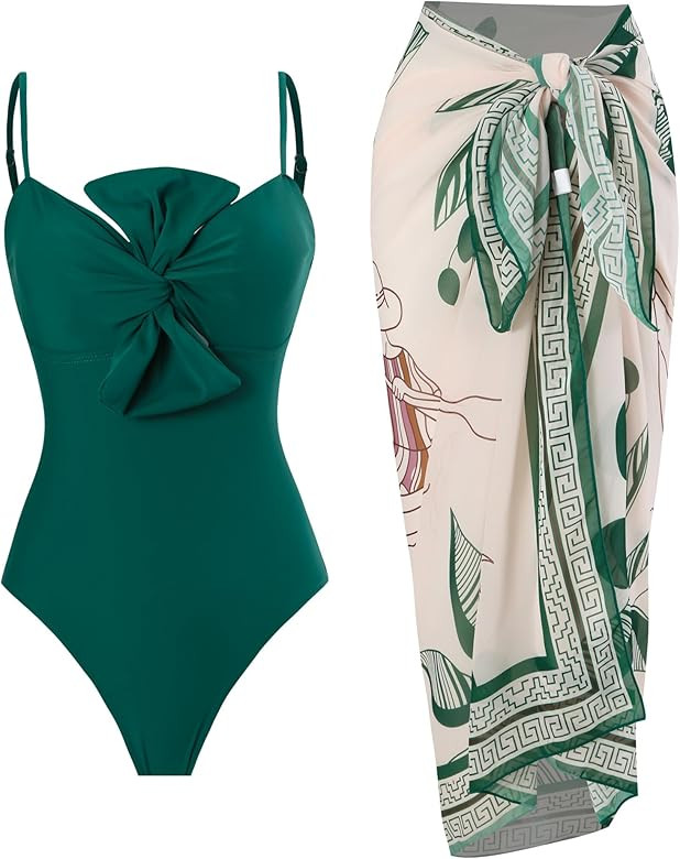 One Piece Swimsuit Women with Cover Up Set Retro Bathing Suit for Women Tummy Control Beach Wrap ... | Amazon (US)