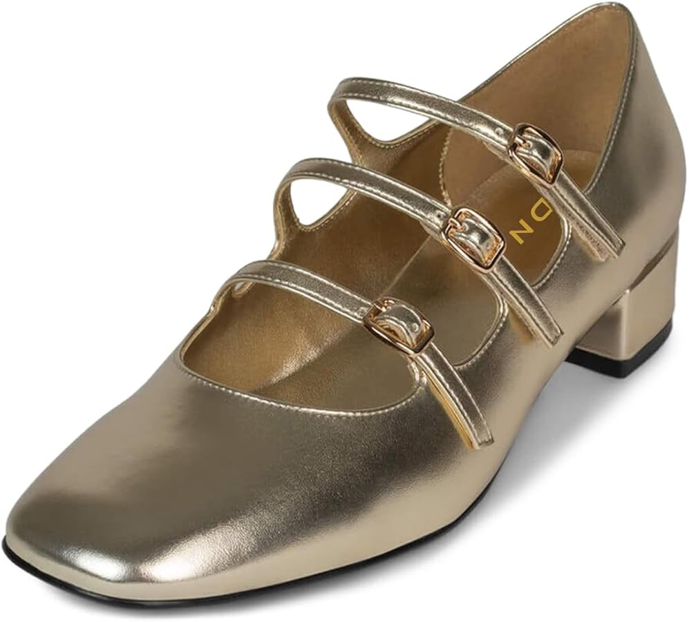 YDN Women Stylish Triple Strap Buckles Mary Janes Square Closed Toe Low Thick Heel Pumps Party Co... | Amazon (US)