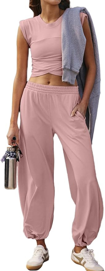 Glamaker Women's Two Piece Athletic Sets Casual Workout Sleeveless Cropped Tops High Sweatpants J... | Amazon (US)
