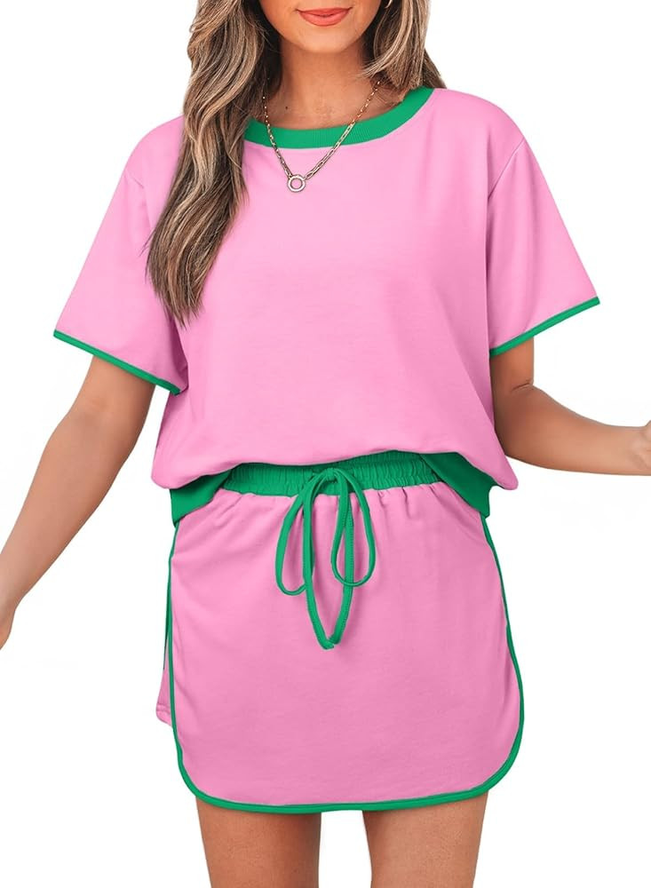 Womens 2 Piece Skort Set 2026 Color Block Short Sleeve Top Drawstring Skort Matching Sets Casual ... | Amazon (US)