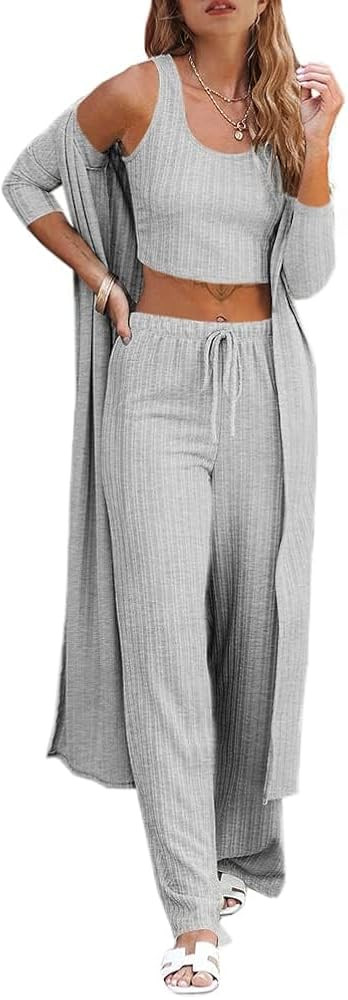 Fessceruna Womens 3 Piece Lounge Sets Pajamas Knit Long Sleeve Cardigan Crop Top Wide Leg Pants L... | Amazon (US)
