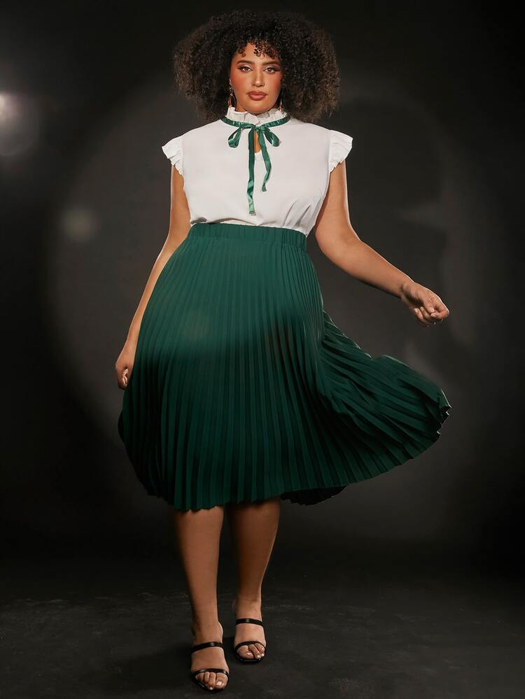 SHEIN FIT+ Plus Tie Neck Blouse & Pleated Skirt | SHEIN