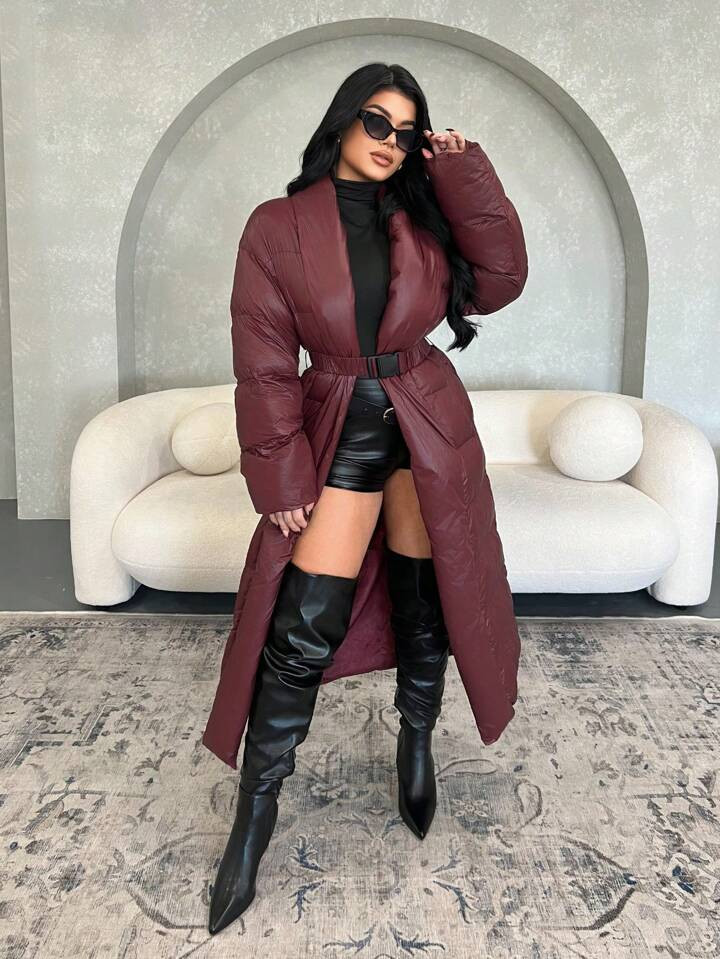 SHEIN SXY Women's Thicker Long Burgundy Winter Coat | SHEIN