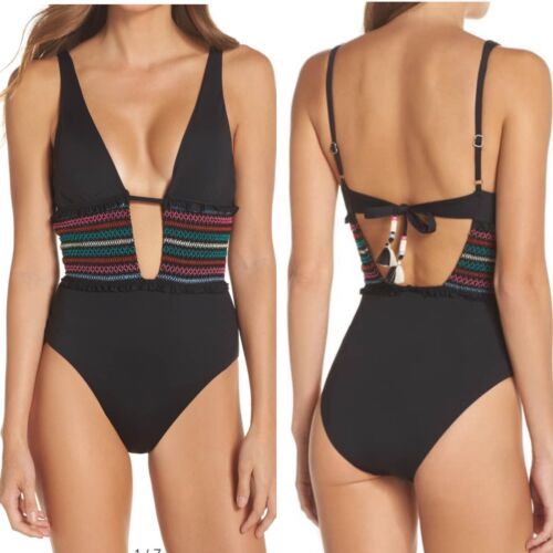 Details about   Isabella Rose Crystal Cove Smocked One Piece Swimsuit BLACK/MULTI Size Medium M | eBay US