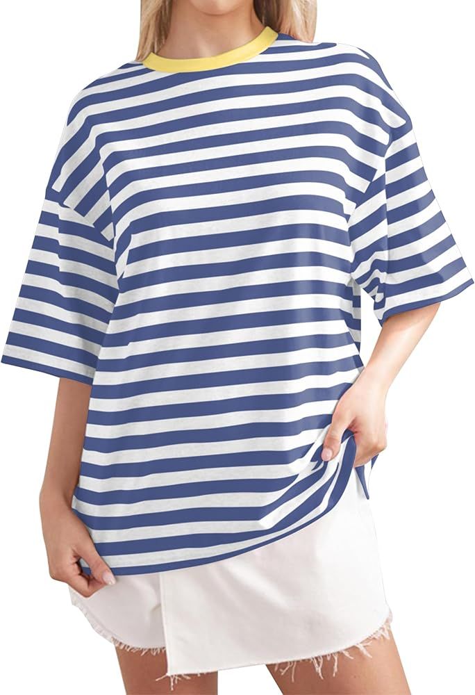 Women Oversized Striped Short Sleeve T-Shirts Color Block Crew Neck Basic Shirt Casual Summer Tee... | Amazon (US)