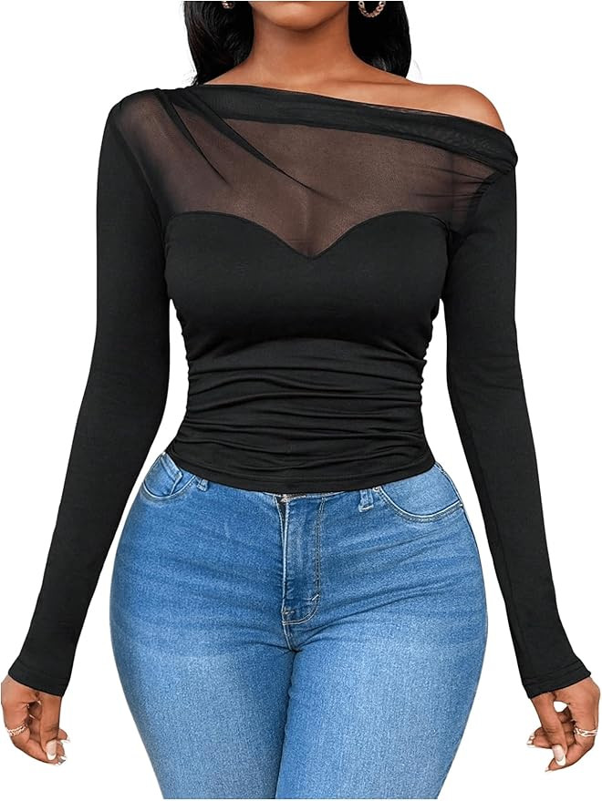 WDIRARA Women's One Shoulder Mesh Long Sleeve Tops Sexy Night Out Shirts | Amazon (US)