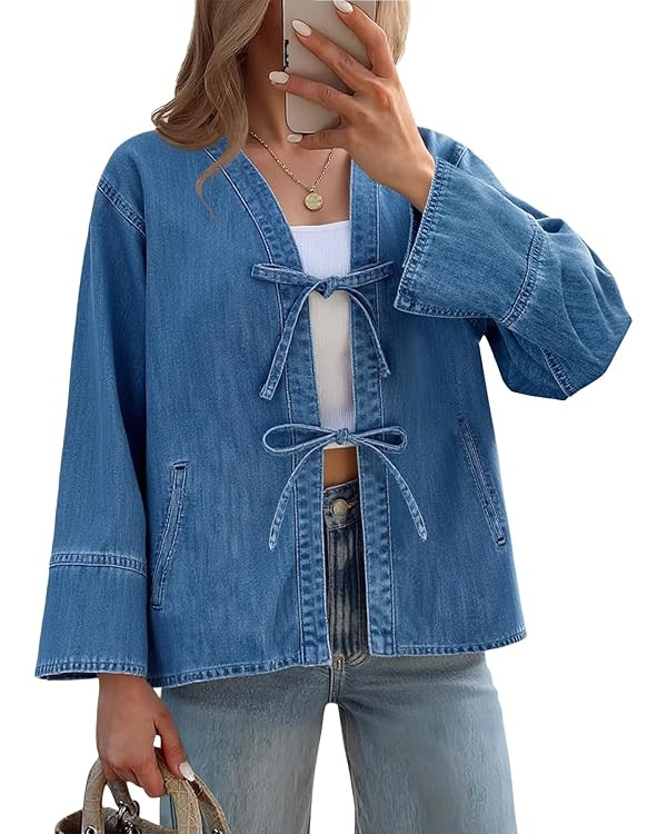 Tankaneo Womens Tie Front Denim Jacket Long Wide Sleeve Loose Fit Bow Jeans Coat Going Out Shacke... | Amazon (US)