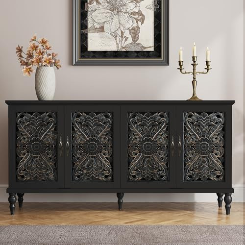 ARTPOWER 61.8" Hollow Carved Wood Accent Cabinet with 4 Doors, Vintage Sideboard Buffet with Adjustable Shelves, Credenza Storage for Living Room, Dining Room, Kitchen, Entryway, Hallway, Black | Amazon (US)