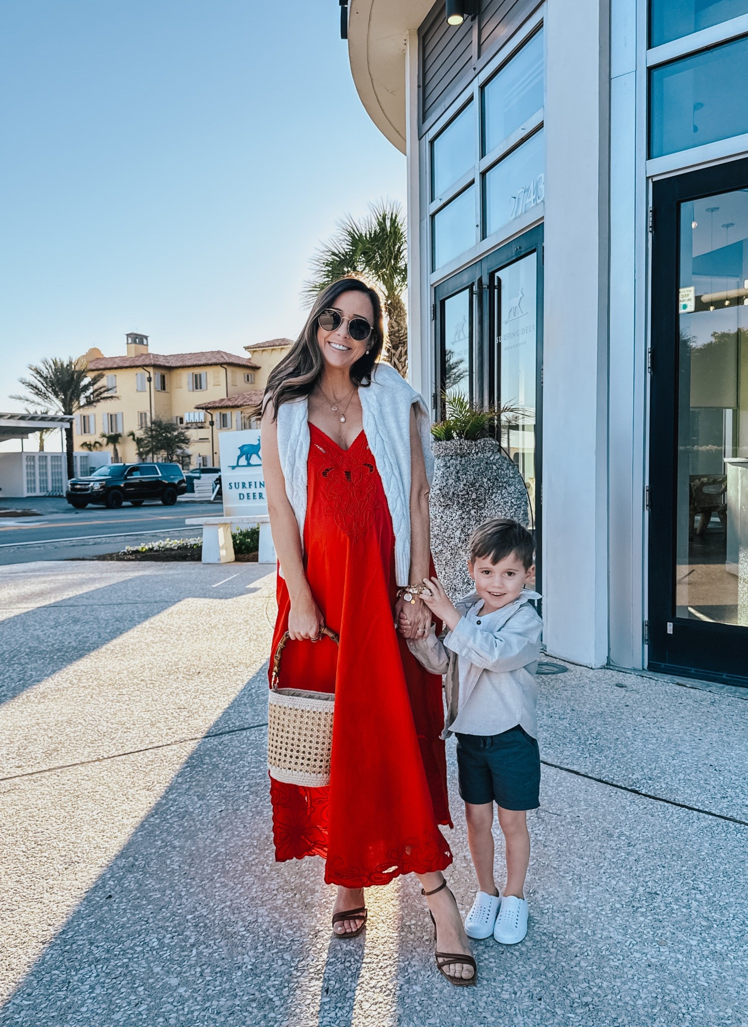 red dress, basket bag, bucket bag, summer sandals