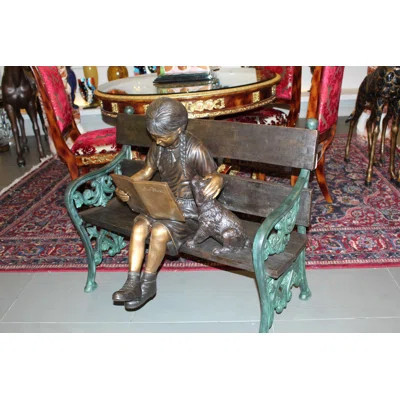 Girl Reading & Sitting with Dog on Bench Bronze Statue, Perfect Artistic Sculpture, 27" x 39" x 32"H | Wayfair North America