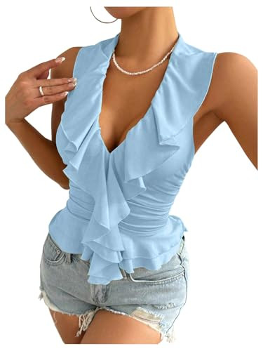 SOLY HUX Women's Ruffle Trim Deep V Halter Top Y2k Going Out Sleeveless Slim Fit Tank Shirts | Amazon (US)