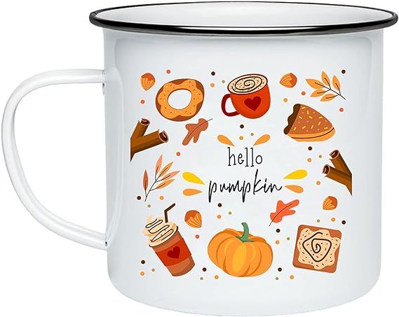 Hello Pumpkin Enamel Camping Mug Autumn Leaves and Pumpkin Please Pumpkin Spice Shaped Coffee Mug... | Amazon (US)