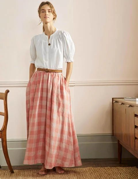 Pull-on Linen Midi Skirt Tonal Pink, Gingham Women Boden | Boden (US)