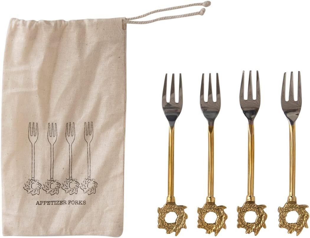 Amazon.com: Stainless Steel and Brass Forks with Gold Finish Wreath Handles, Set of 4 in Printed ... | Amazon (US)